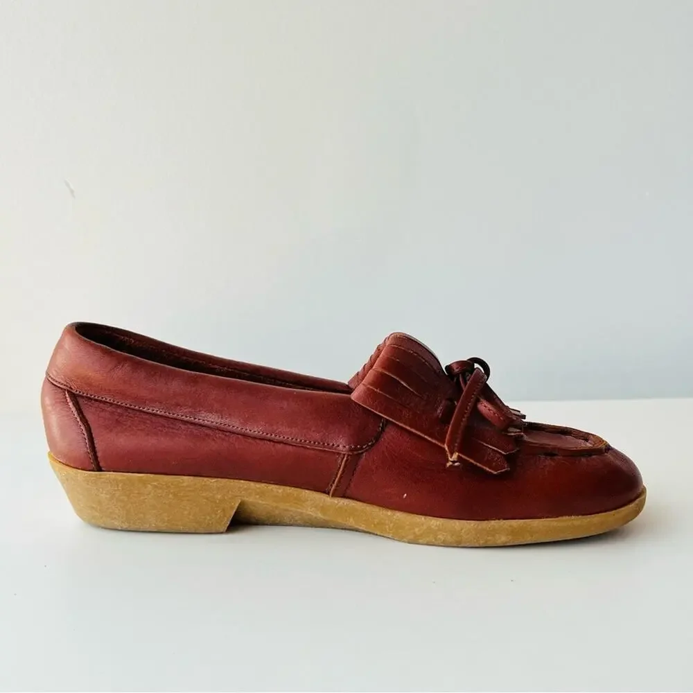 Vintage Red Brown Leather Fringe Moccasins Laced Wedge Rubber Sole Comfortable